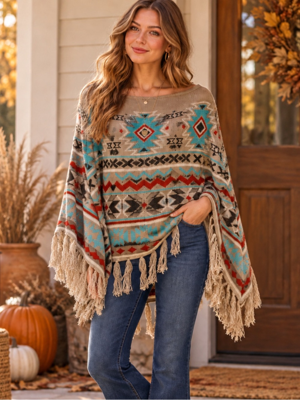 Boho Southwestern Fringe Poncho One Size Rustic Fall Poncho
